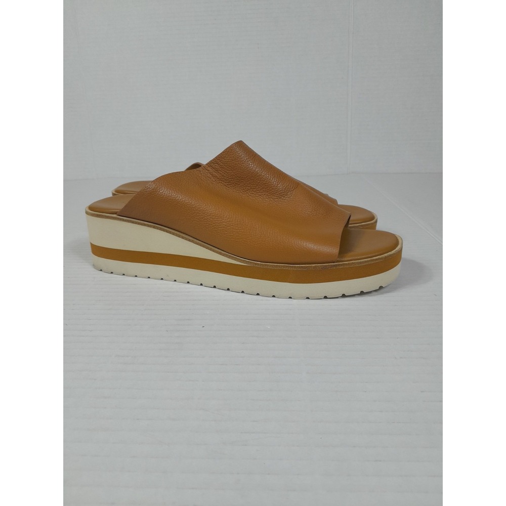 Vince Sarria Leather Tan Colored Platform Wedge Slides Sandals Women Sz 7 M